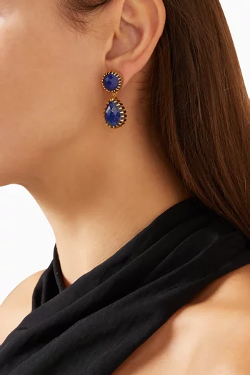 DOUBLE-DROP EARRINGS FEATURING FACETED ROUND AND PEAR CUT STONES IN AN INTRICATE SCULPTURAL WITH BRONZE BASE WITH 18K GOLD MICROPLATING:Blue    :One Size|220136689