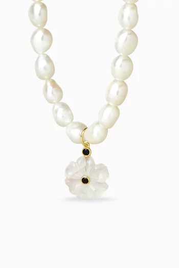 FRESHWATER PEARL CHOKER WITH A HANDCARVED CRYSTAL FLOWER PENDANT ADORED WITH SMALL BLACK ONYX STONES BRONZE BASE WITH 18K GOLD MICROPLATING:White    :One Size|220136687