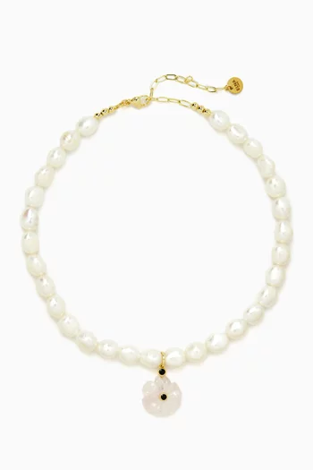 FRESHWATER PEARL CHOKER WITH A HANDCARVED CRYSTAL FLOWER PENDANT ADORED WITH SMALL BLACK ONYX STONES BRONZE BASE WITH 18K GOLD MICROPLATING:White    :One Size|220136687