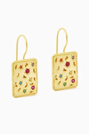 RECTANGLULAR STATEMENT DROP EARRING FEATURING MULTI-COLORED GEMSTONE ACCENTS WITH A TEXTURED GOLD FRAME AND STAR ACCENTS WITH BRONZE BASE WITH 18K GOLD MICROPLATING:Multi Colour:One Size|220136692