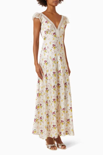 Corelia Floral Midi Dress in Silk Satin
