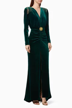 Buy Bronx and Banco Green Margot V-neck Gown in Velvet For Women Online |  Ounass Oman