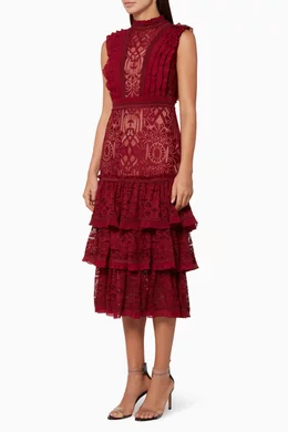jonathan simkhai tower lace dress Buy Simkhai Burgundy Scarlet-Red Tower Tiered-Skirt Lace Dress For Women  Online
