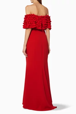 badgley mischka red off the shoulder dress Draped Off-the-Shoulder Trumpet Gown