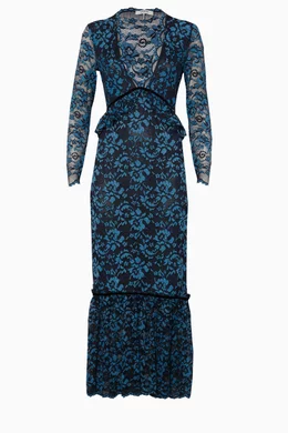 ganni flynn lace maxi dress Buy Ganni Blue Navy Floral Lace Flynn Dress For Women Online