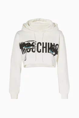 Buy Moschino White White Eyes Cropped Hooded Sweatshirt For Women Online Ounass Oman