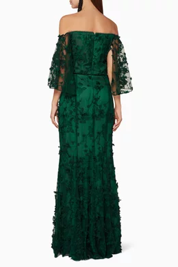 Buy Marchesa Notte Green Emerald-Green Embroidered Off-The-Shoulder Gown  For Women Online | Ounass Oman