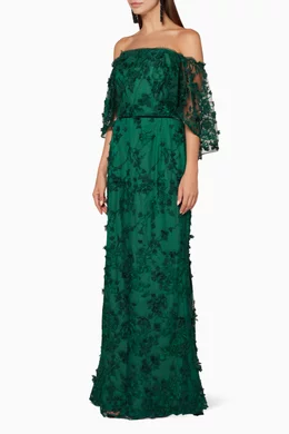 Buy Marchesa Notte Green Emerald-Green Embroidered Off-The