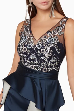 open lace back dress Couture Icons Sculpted Peplum Gown