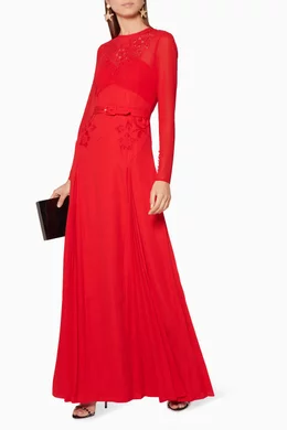 self portrait red embroidered maxi dress Red Georgette Flower Maxi Dress – self-portrait-US main image 1