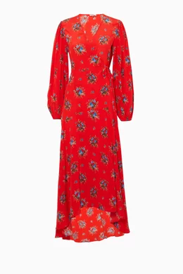 Buy Ganni Red Fiery Red Floral-Print Kochhar Wrap Dress For Women Online |  Ounass Oman