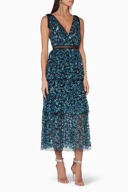 self portrait tiered sequin midi dress Self-Portrait | Dresses | Selfportrait Tiered Striped Sequined Tulle Dress