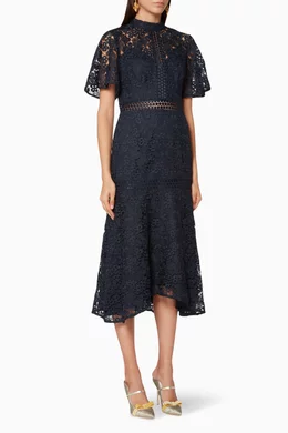 knee length dresses for ladies Navy Lace Dress with 3/4 Sleeves main image 0