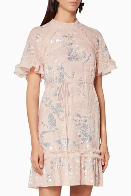 Buy Needle Thread Pink Rose-Quartz Floral Gloss Mini Dress For - Main Image