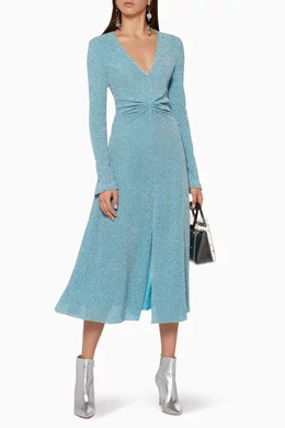 rotate birger christensen gathered metallic stretch knit midi dress Rotate Birger Christensen Metallic Midi Dress In Purple