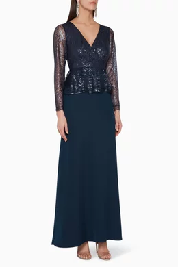 Buy Tadashi Shoji Blue Sequin Peplum Gown For Women Online
