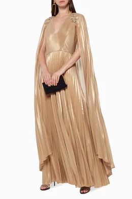 Buy Marchesa Notte Gold Pleated Foil Cape Gown For Women Online | Ounass  Oman