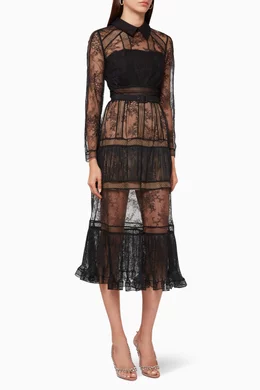 self portrait fine lace trim midi dress Self-Portrait Black Fine Lace Midi Dress