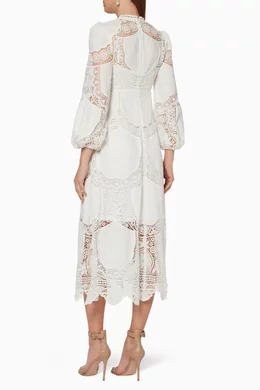 zimmermann bonita embroidered dress Zimmermann Scalloped Eyelet Trim Belted Linen Midi Dress In Ivory - 40% Off