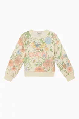 Buy Gucci White Flora Tennis Logo Sweatshirt For Girls Online - Main Image