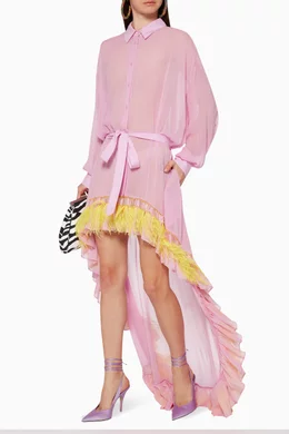 the attico pink feather dress Attico Asymmetric Feather Midi Dress In Pink