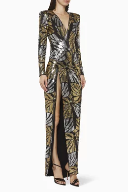 slim fit dress slacks ZHIVAGO Bond Gown Maxi Dress In Black And Gold Zipper main image 1