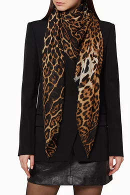 Buy SAINT LAURENT Brown Large Square Leopard Scarf in Cashmere