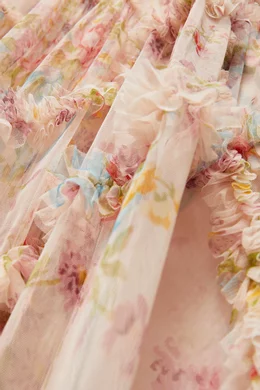 needle and thread floral diamond chiffon dress Needle & Thread Floral Diamond Ruffle Tulle Gown Maxi Topaz Pink NEW with  tags