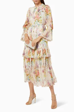 needle and thread floral diamond chiffon dress Needle & Thread Floral Diamond Bodice Maxi Dress in Pink