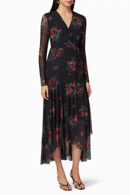Buy Ganni Black Printed Mesh Wrap Dress For Women Online | Ounass Oman