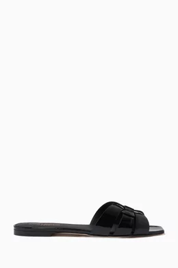 【SAINT LAURENT】SANDALS Buy SAINT LAURENT Black Tribute Flat Sandals in Patent