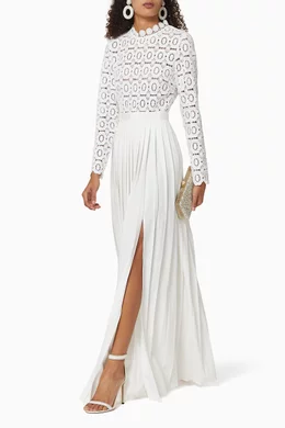 open lace back dress Off-White One-Shoulder Crochet Flower Maxi Dress