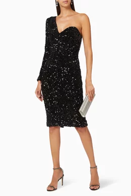 open lace back dress Lavish Alice Silver One Sleeve Bow Shoulder Sequin Mini Dress main image 1