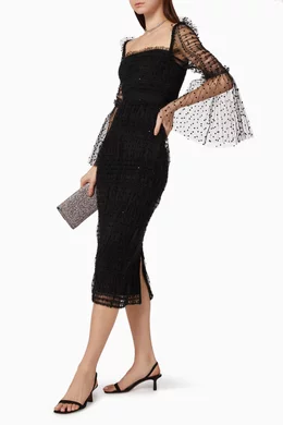 black dot mesh midi dress self portrait Self-Portrait Black Square Rhinestone Mesh Midi Dress