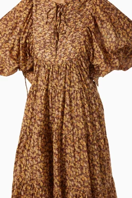 shona joy brown floral dress Shona Joy Capucine Plunged Short Sleeve Midi Dress in Almond/Multi  Coco &  Lola