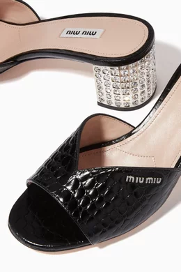 Buy Miu Miu Black Jewelled Heel 55 Mule Sandals in Croc-Print