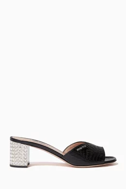 Buy Miu Miu Black Jewelled Heel 55 Mule Sandals in Croc-Print