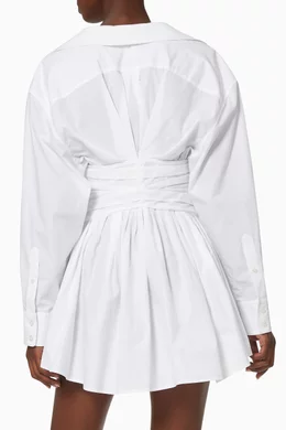 alexander wang cinched cotton shirt dress Long Sleeve Voluminous Cinched Waist Dress, White