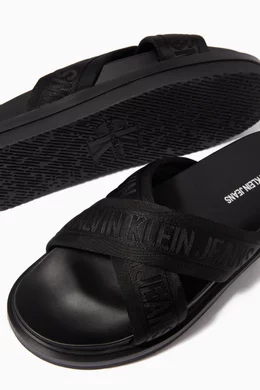 New Calvin Klein Black Logo Criss Cross Slides Calvin Klein Claris Crisscross Strap Logo Slide Navy Blue  main image 4