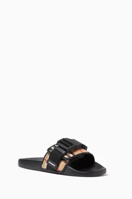 Buy Burberry Black Buckled Strap Slides in Vintage Check  display picture 2