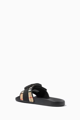Buy Burberry Black Buckled Strap Slides in Vintage Check  display picture 1