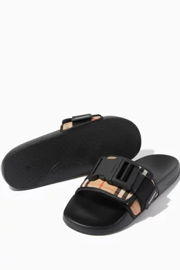 Buy Burberry Black Buckled Strap Slides in Vintage Check  display picture 3