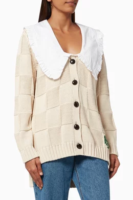 Buy Ganni Neutral Smiley Poplin Collar Cardigan in Chunky Knit For