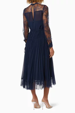 chinese dress ladies Navy Satin Polka Dot Midi Dress – self-portrait-US main image 1
