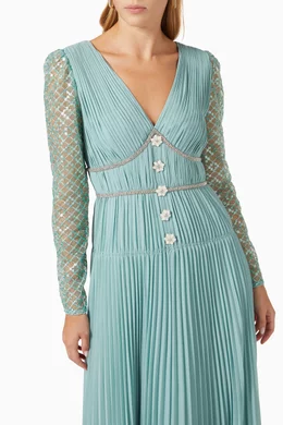 Buy Self-Portrait Green Diamante Grid Sequin Maxi Dress in Pleated Chiffon  For Women Online