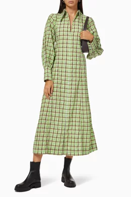 chinese dress ladies Ganni Shirred Moonlight Mauve Pink Check Cotton-Blend Maxi Dress main image 0