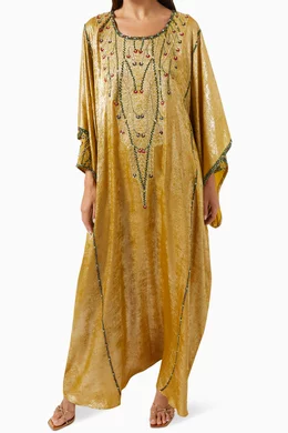 Buy Fatma with Love Yellow Abstract Kaftan in Hand Embroidered Silk For  Women Online | Ounass Oman