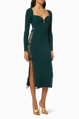 Buy Self-Portrait Green Lace Panel Midi Dress in Rib-knit Viscose For Women  Online | Ounass Oman