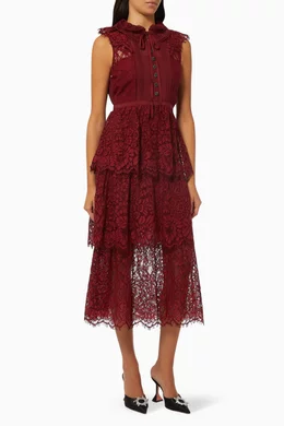 Buy Self-Portrait Red Floral Midi Dress in Cord Lace & Chiffon For Women  Online