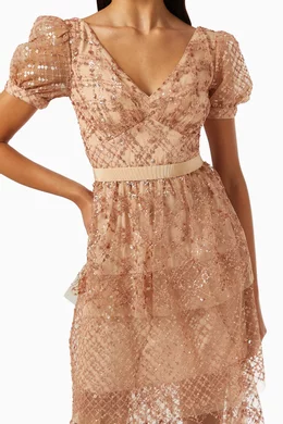 tan grid sequin tiered midi dress Self Portrait Tan Grid Sequin Tiered Midi Dress